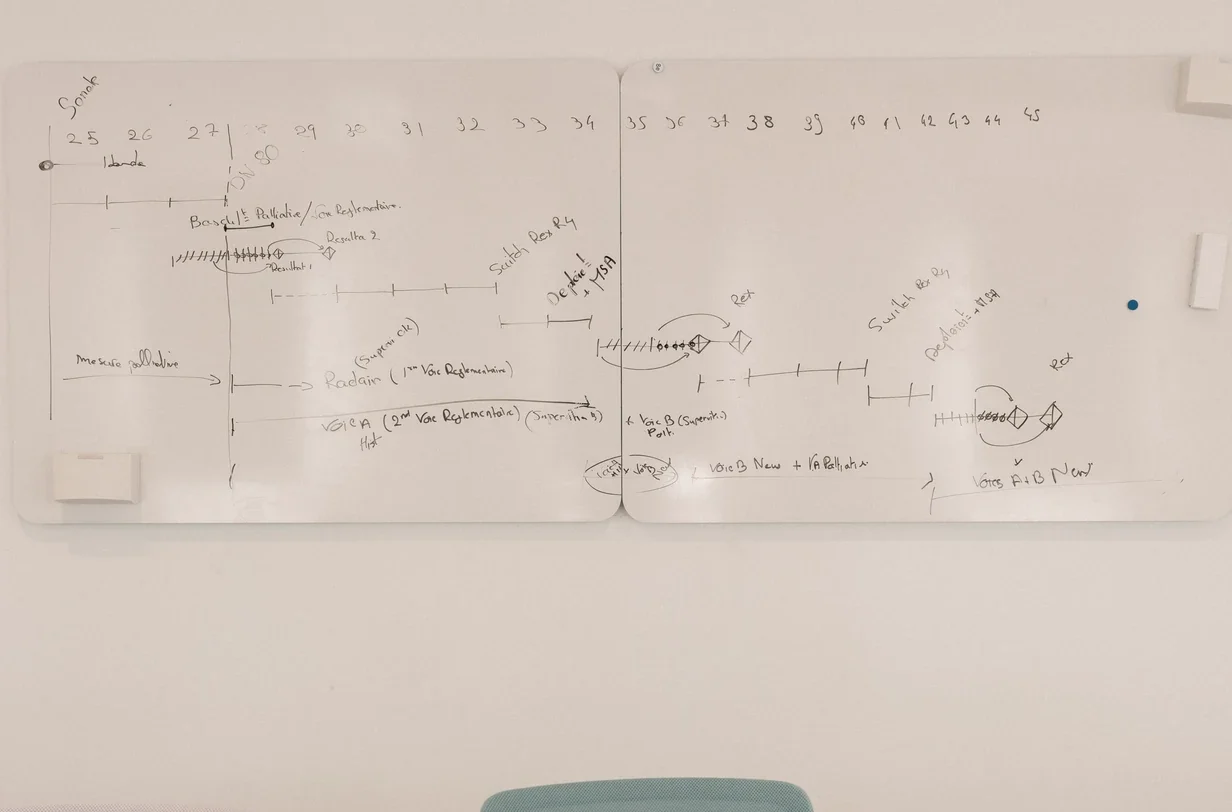 Handgezeichnetes Schema auf einem grossen Papierbogen an der Wand, darunter die Lehne eines türkisfarbenen Stuhls.